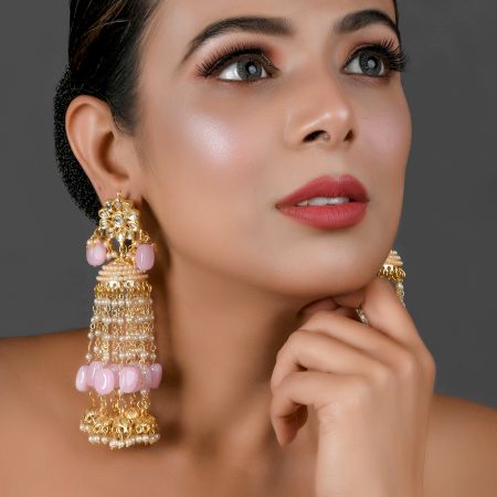 Mirror Floral Tassel Earrings with Pink Beads & Pearls Pair